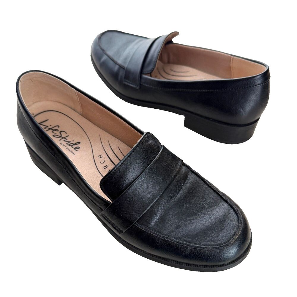 Life Stride Loafers Womens 10 Black Faux Vegan Leather Shoes Well Padded Comfort